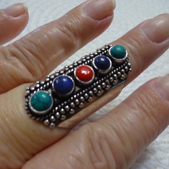 Unique TURQUOISE, LAPIS & RED CORAL Handmade Sterling 925 Ring Size 11 #845C - Picture 1 of 4